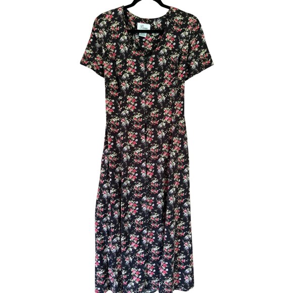 Vintage Black Floral Button-Front Midi Dress By Darian Size 14  pockets - Picture 1 of 9